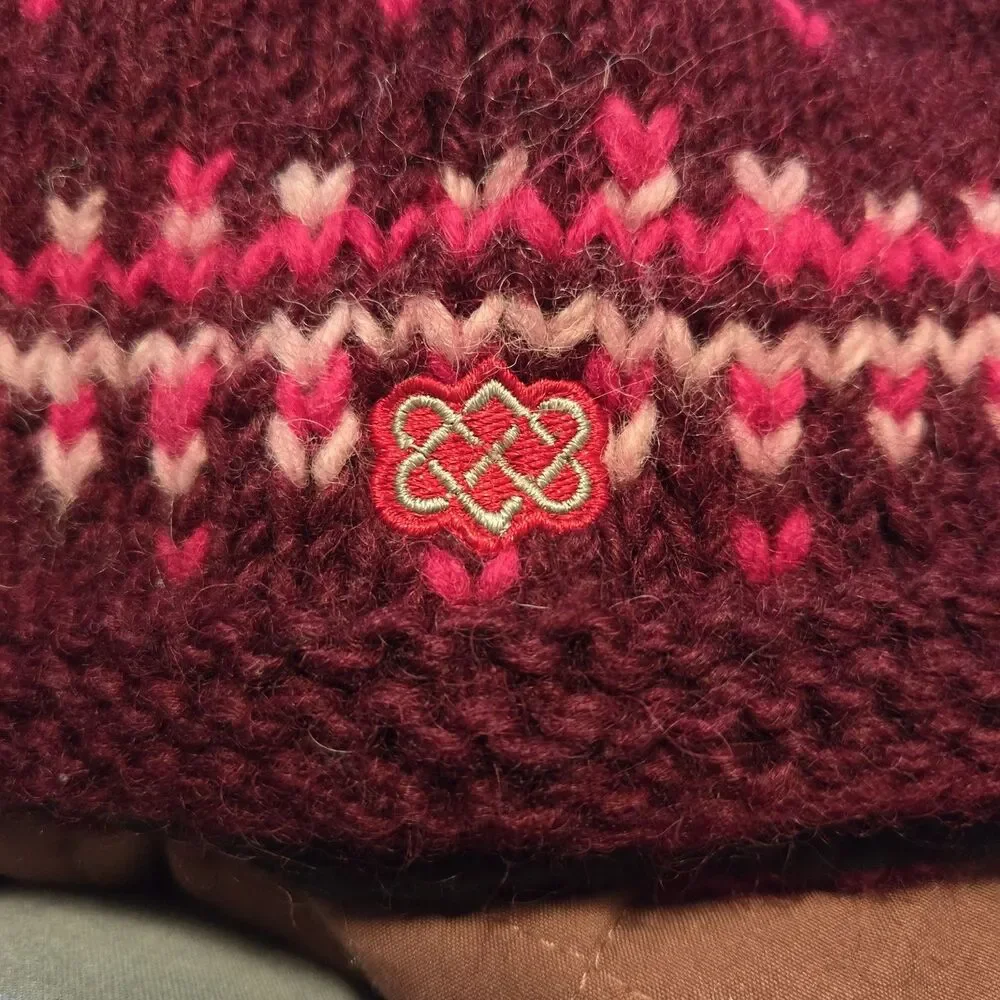 Sherpa Adventure Gear Knit Pom Beanie Hat Burgundy Pink Geometric Fleece L/XL